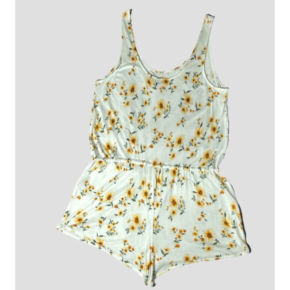 Forever 21 Sunflower Chiffon Beach Boho Chic Floral Sleeveless Ivory Romper, L - Picture 3 of 8